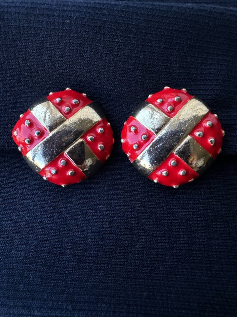 Vintage Gay Boyer Red Enamel Gold Tone Oversized Statement Clip On Earrings